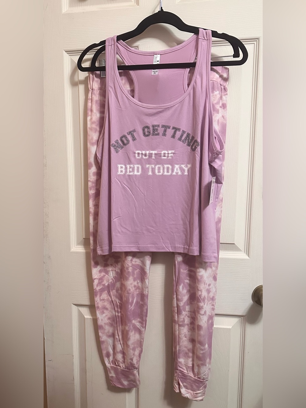 Women’s Cozy Lavender Tie~Dye Graphic “Not Getting Out Of Bed Today” Pajama Set